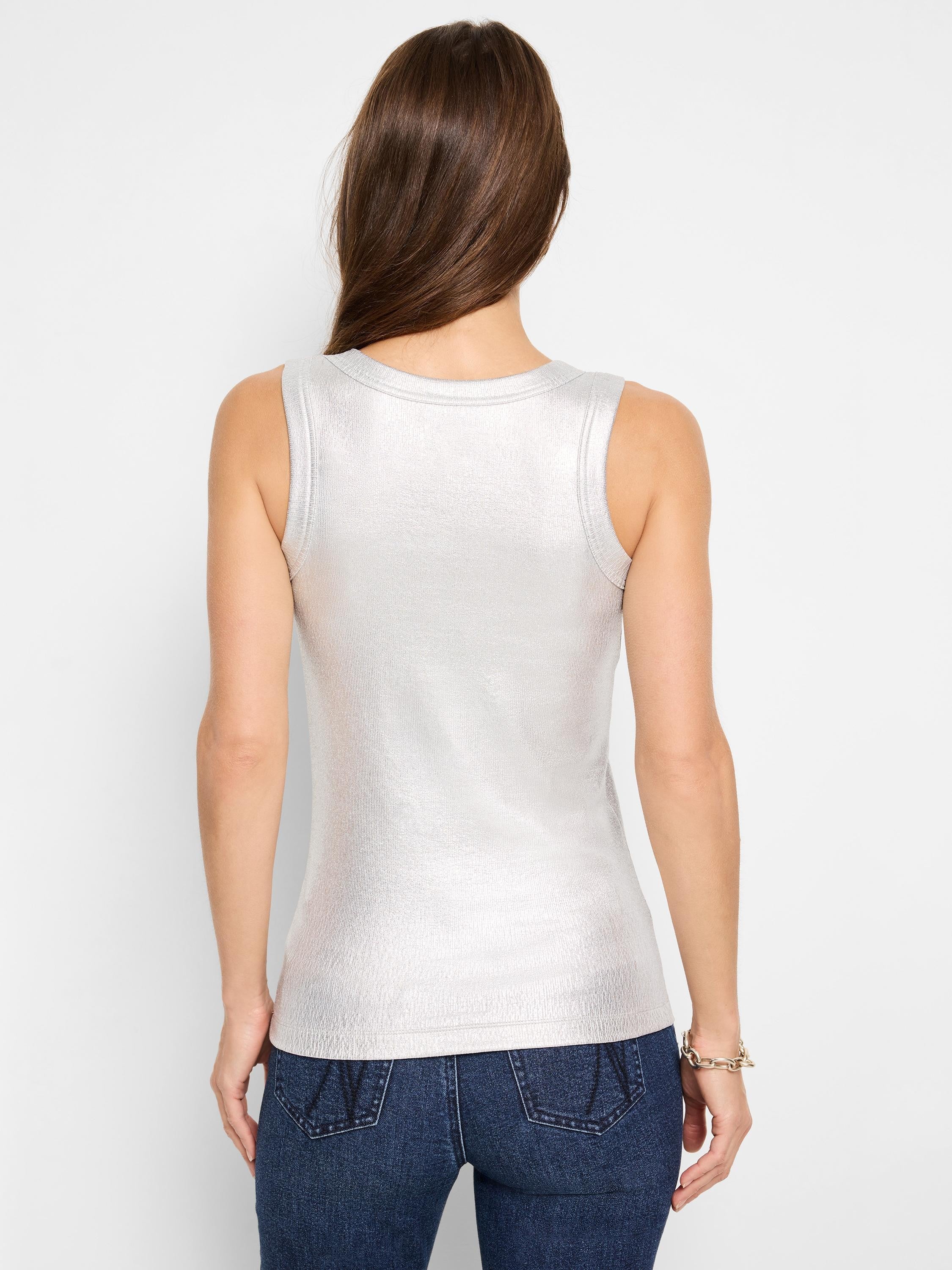 Silver sleeveless ribbed tank top. Back view.