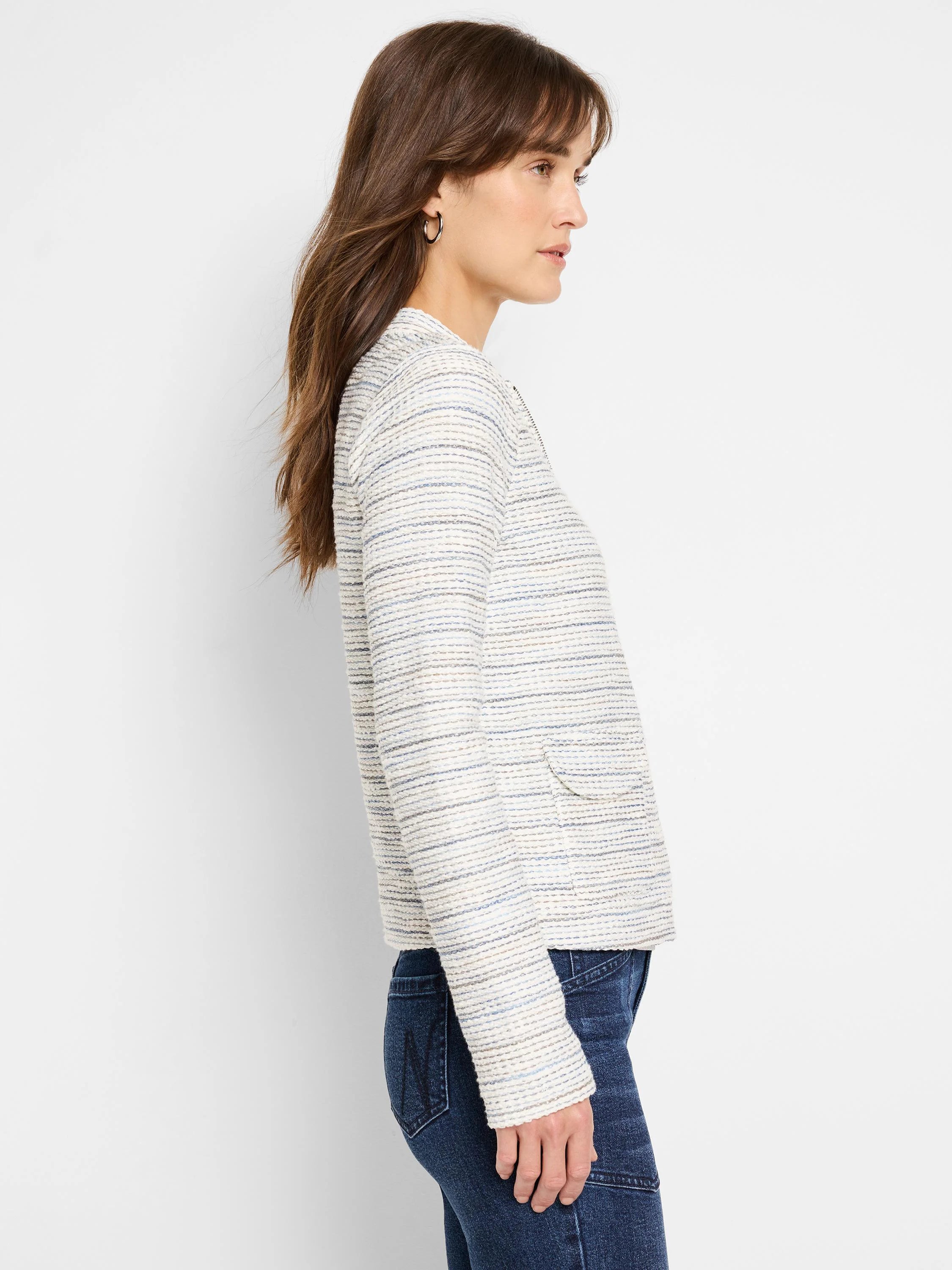 Cream-colored knit jacket with thin, horizontal stripes in blue and beige. Long sleeves, zip front.