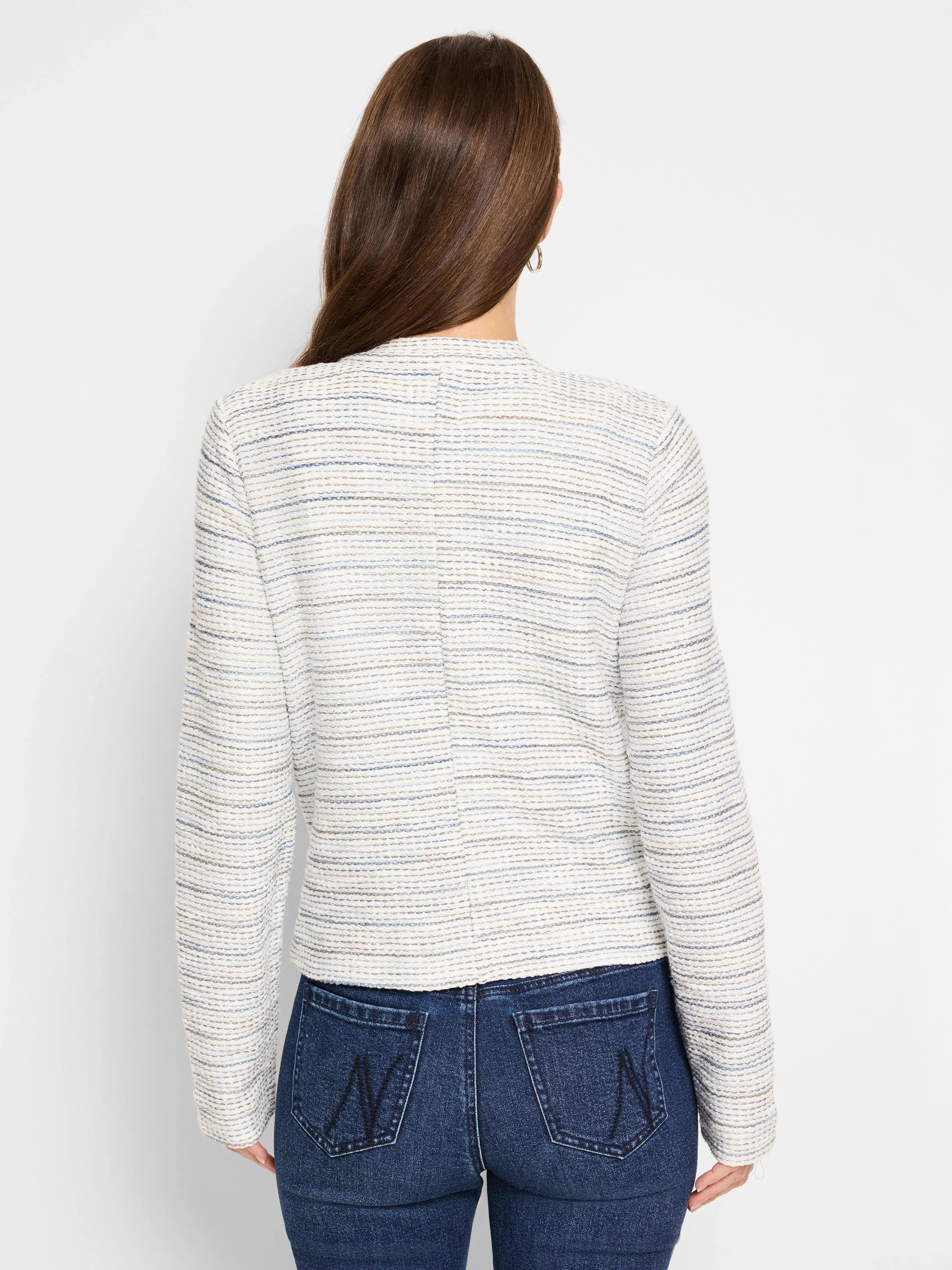 Here's alt text for the image, under 125 characters:
Knit jacket, off-white base with thin, horizontal stripes in blue,...