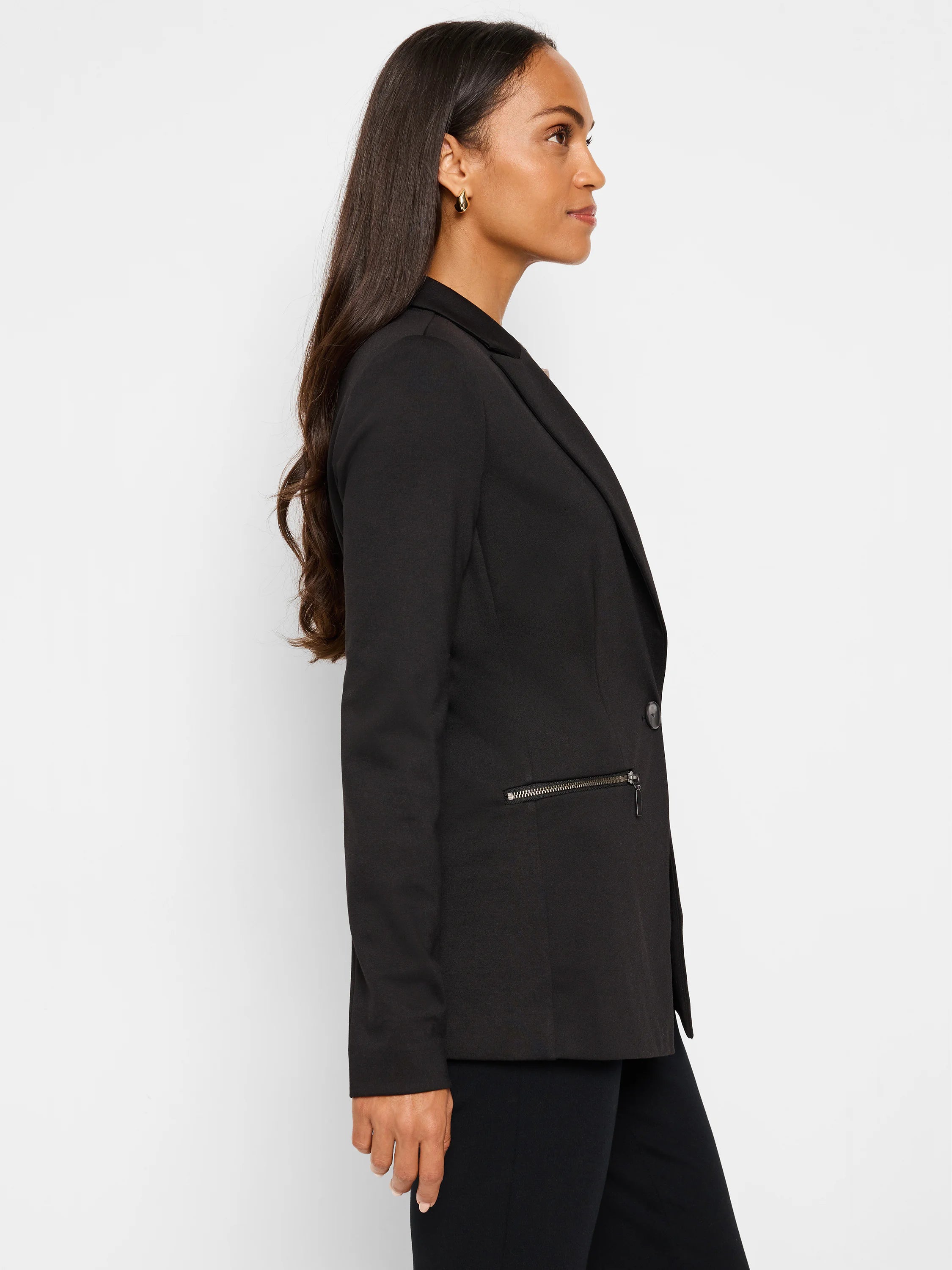 Black zip-front jacket, single button closure, side zip detail.