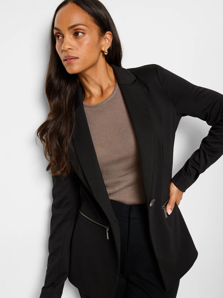 Black zip-front jacket, single button closure. Features a side zip pocket detail.
