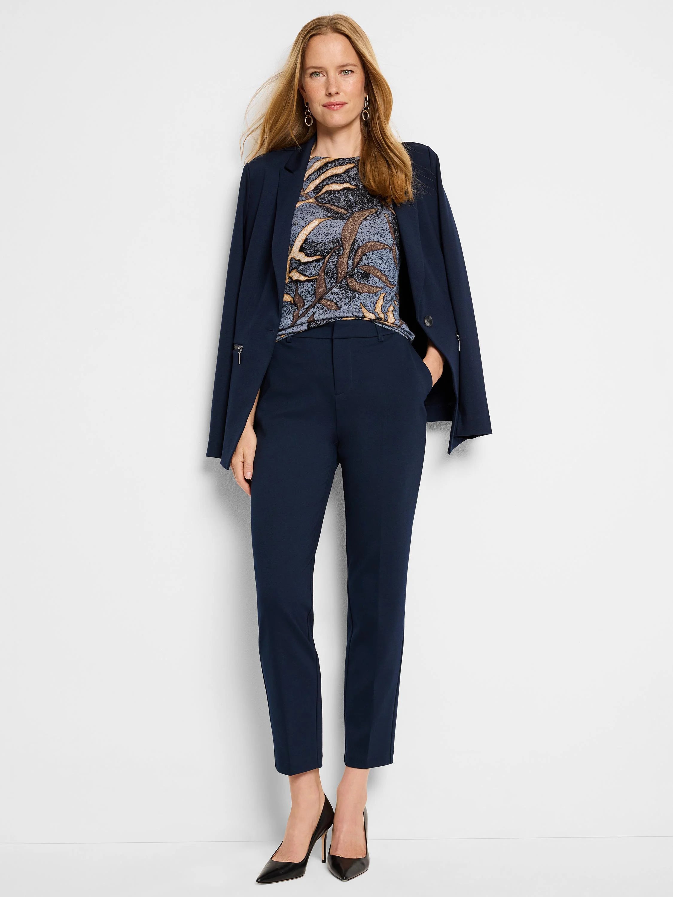 Navy blue Ponte zip jacket. Features a zip detail.