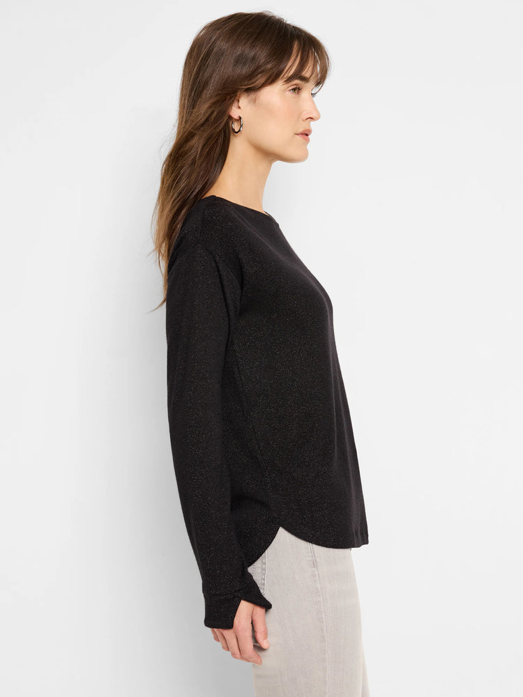 Black sparkly long-sleeve top with subtle shimmer. Boatneck.