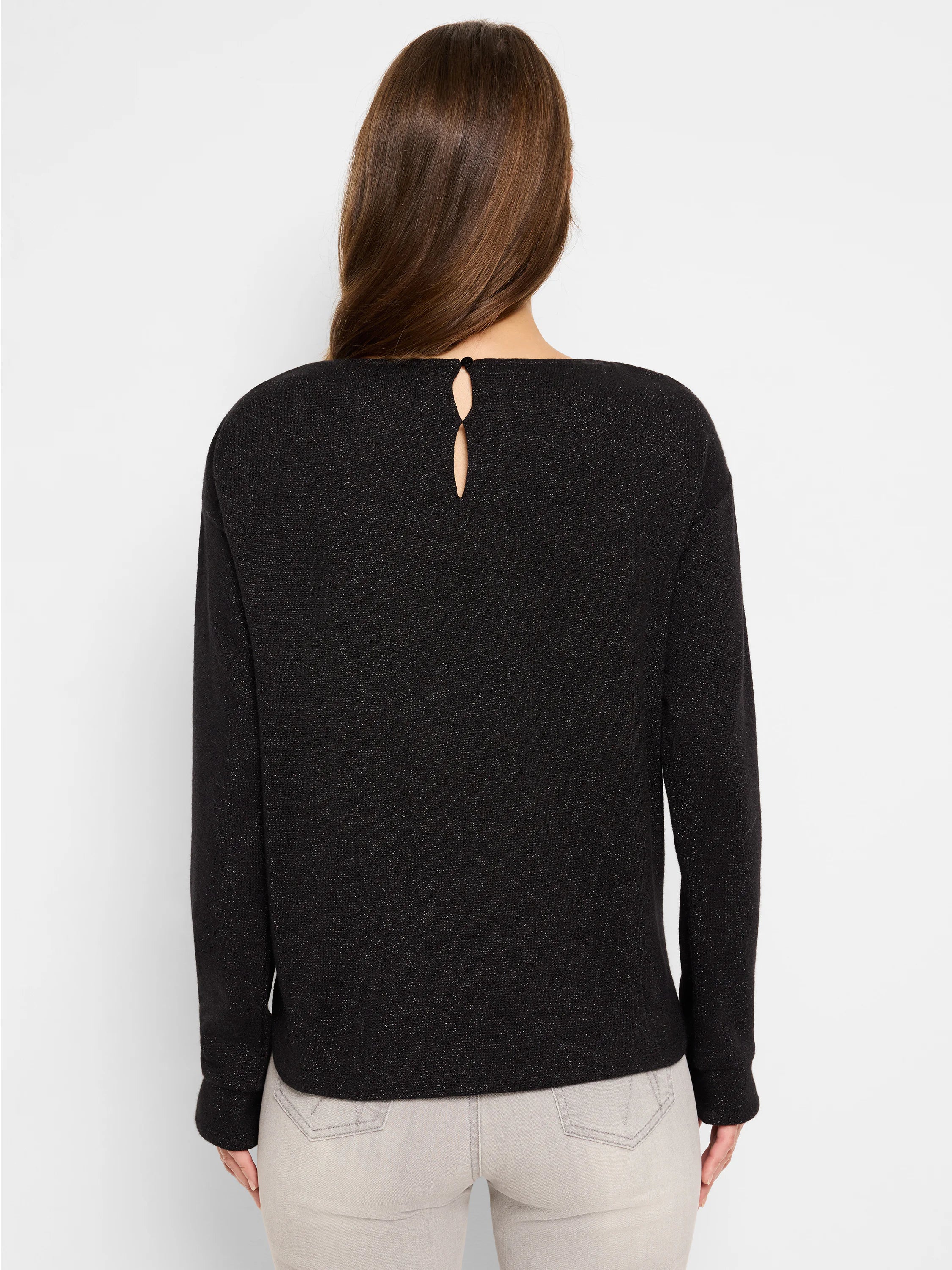 Black sparkly top, long sleeves, keyhole back detail.