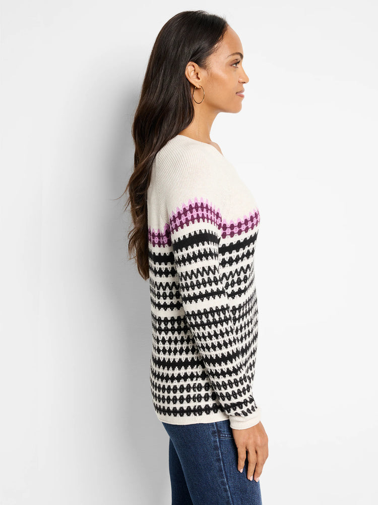 Off-white V-neck sweater with black and purple horizontal patterned stripes.