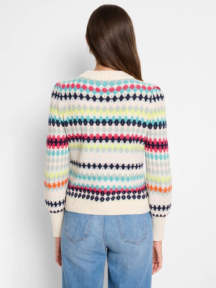 Cream waffle-knit sweater with horizontal stripes in teal, pink, lime, and navy. Pattern features small circles.