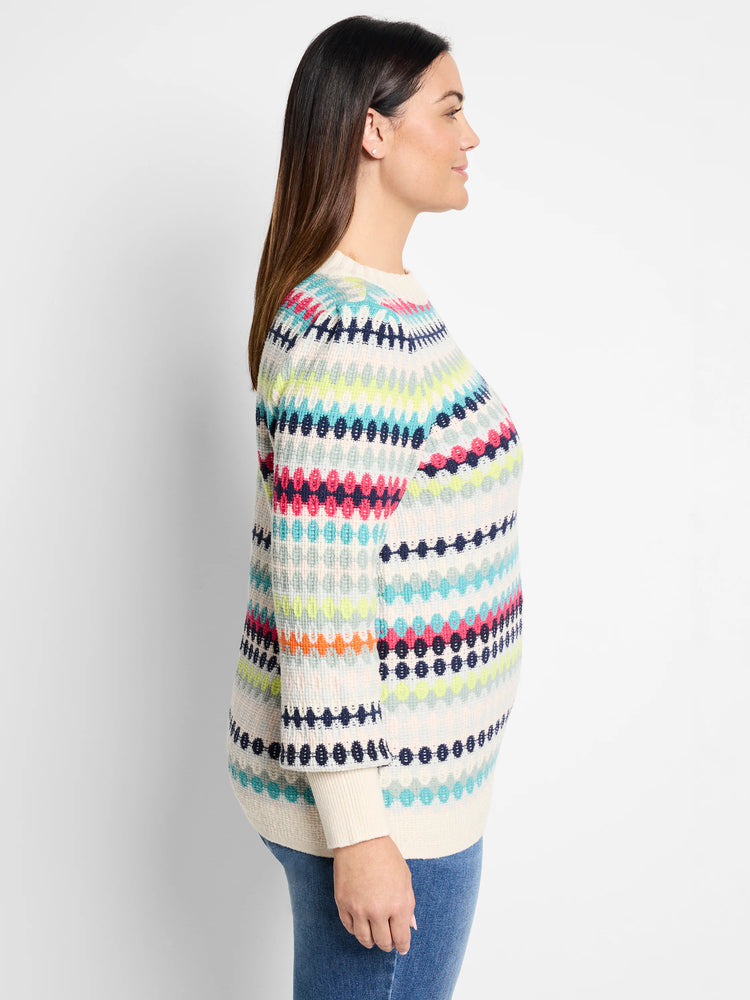 Cream waffle-knit sweater with horizontal stripes in teal, pink, lime, and navy. Pattern features small circles.