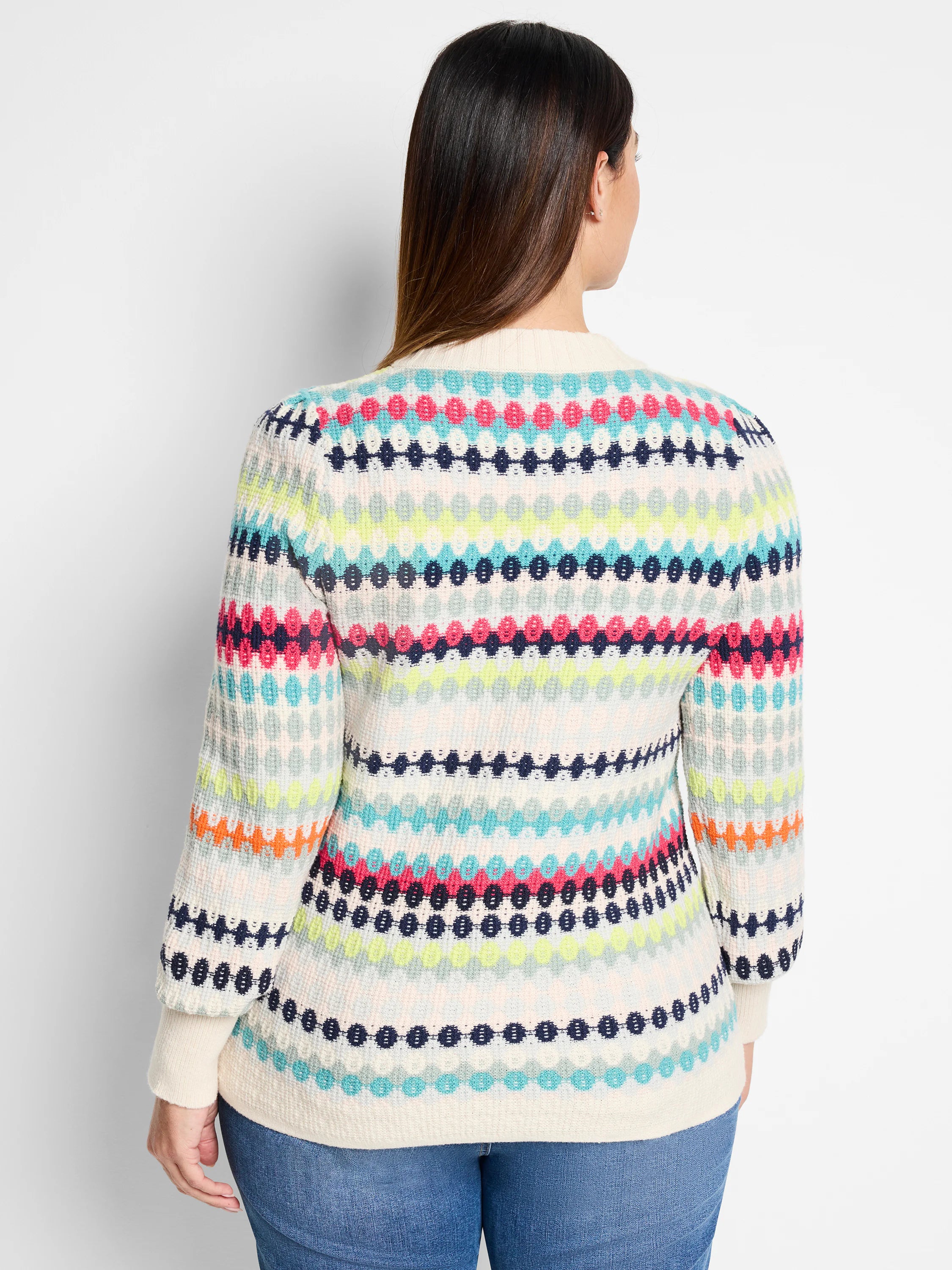 Off-white waffle-knit sweater with horizontal stripes in teal, pink, lime, and navy; features a repeating pattern of...