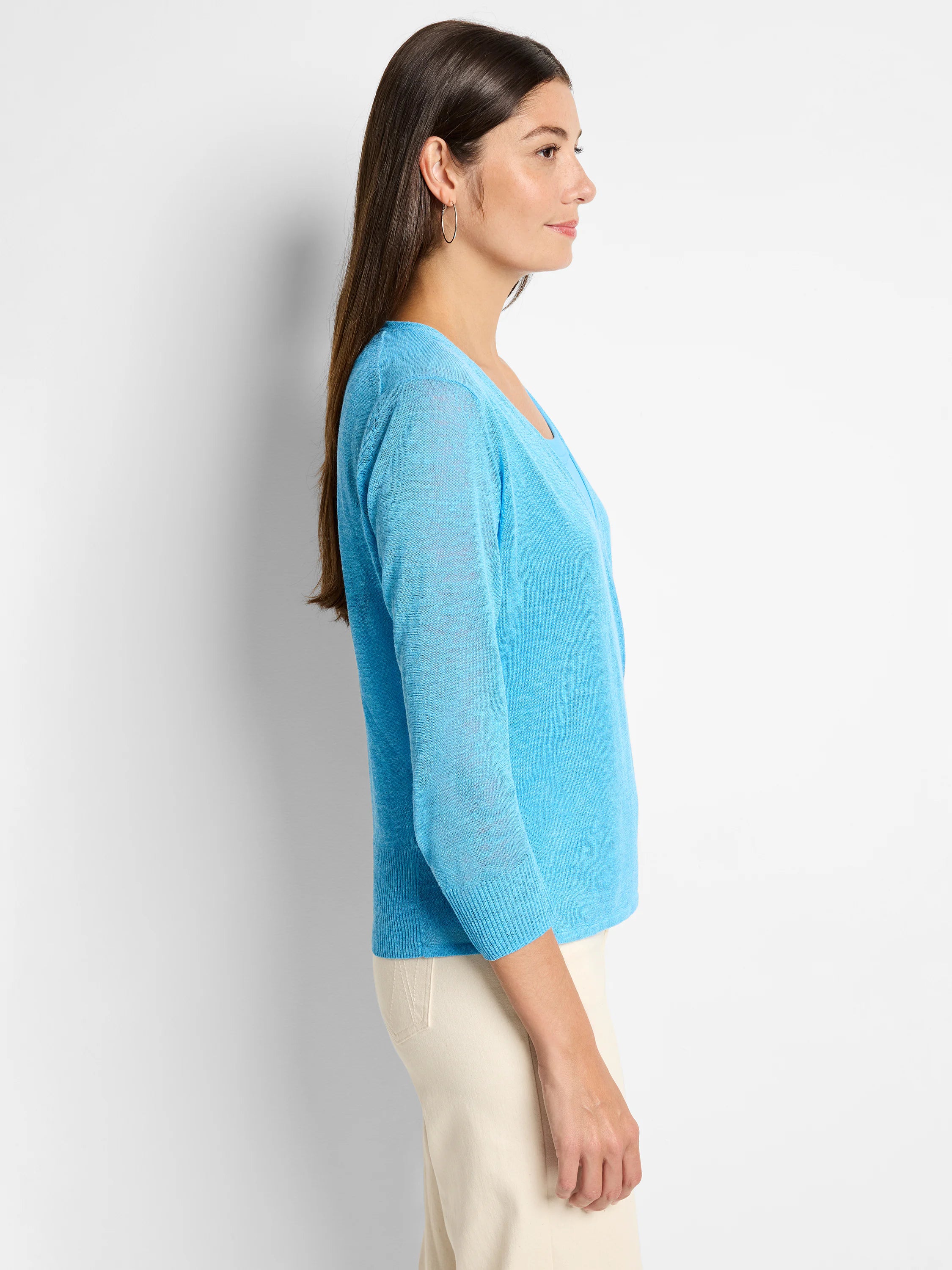 Bright blue lightweight sheer knit cardigan with 3/4 sleeves, ribbed cuffs and hem.