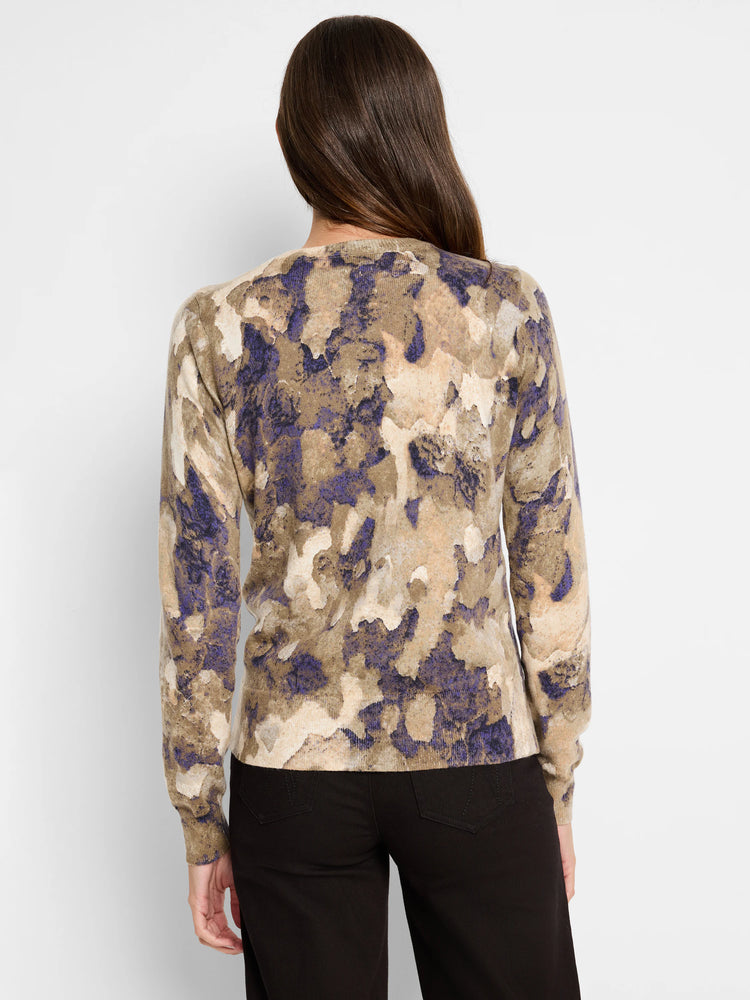 Beige, taupe, and purple abstract print cardigan. Long sleeves. Rear view.
