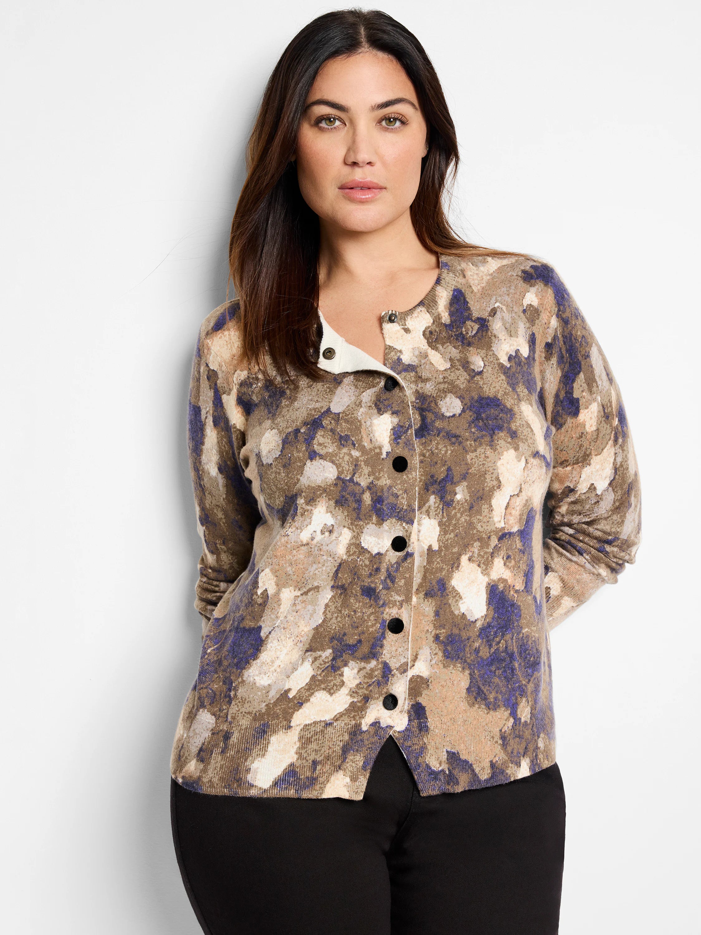 Beige, taupe, and purple abstract print cardigan.  Long sleeves, button front.  Off-white interior visible at neckline.