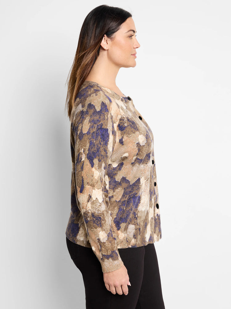 Beige, taupe, and purple camo print cardigan. Long sleeves, button front.
