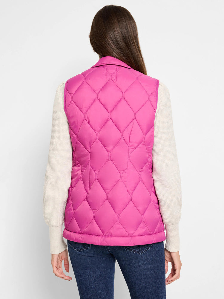 Pink puffer vest with diamond quilting. Sleeveless.