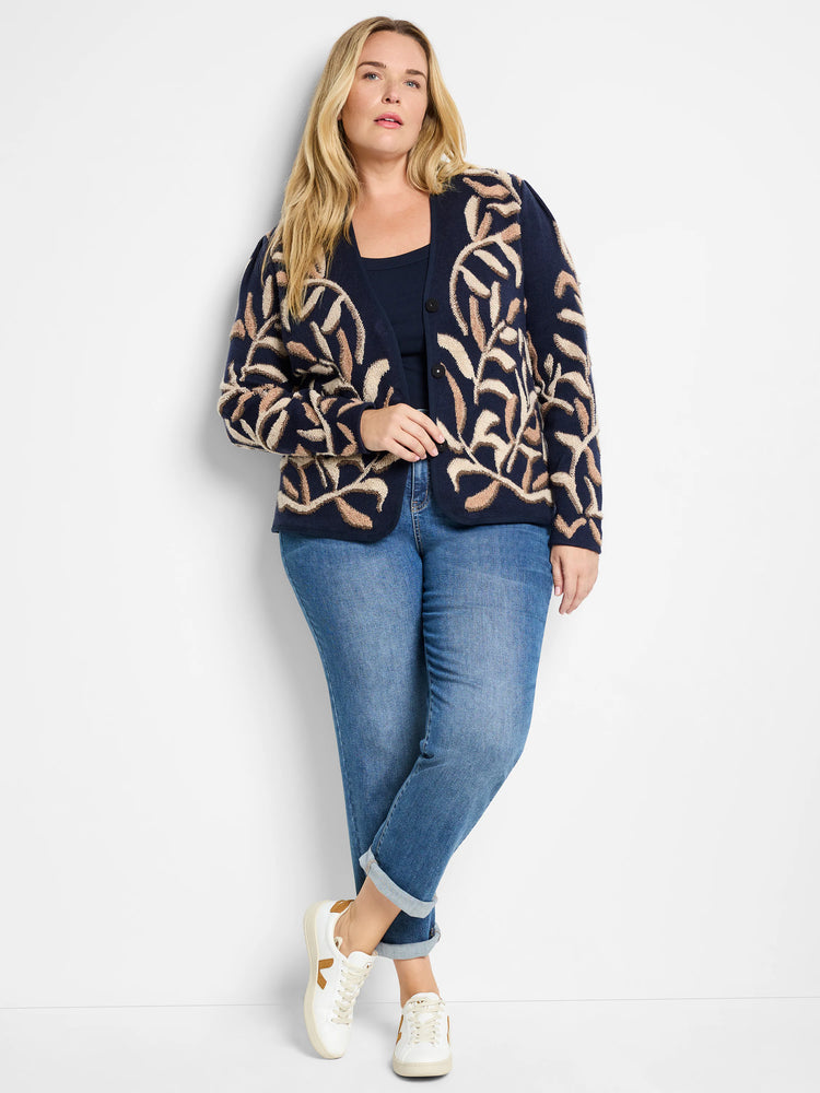 Navy blue cardigan with beige leaf pattern. Button front.