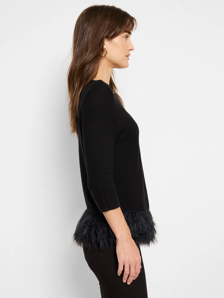 Black sweater, three-quarter sleeves, textured black feather fringe at hem.