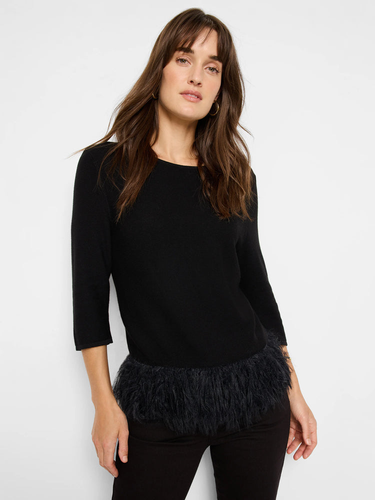 Black sweater, 3/4 sleeves, black feather fringe at hem.