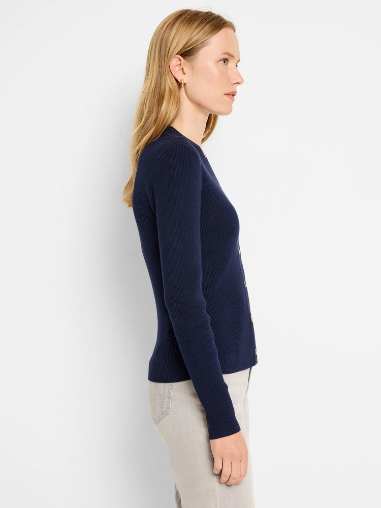 Navy blue ribbed cardigan, long sleeves, gold buttons. Side profile view.