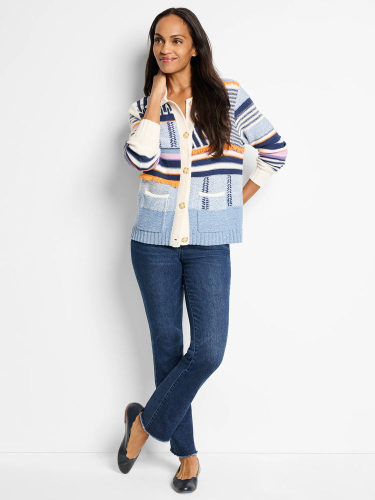 Cream, blue, and navy striped cardigan sweater jacket with embroidered details and fringe. Button front, patch pockets.
