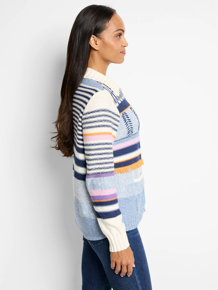 Striped sweater jacket in blue, white, orange, and purple hues. Features a textured pattern and fringe detail.