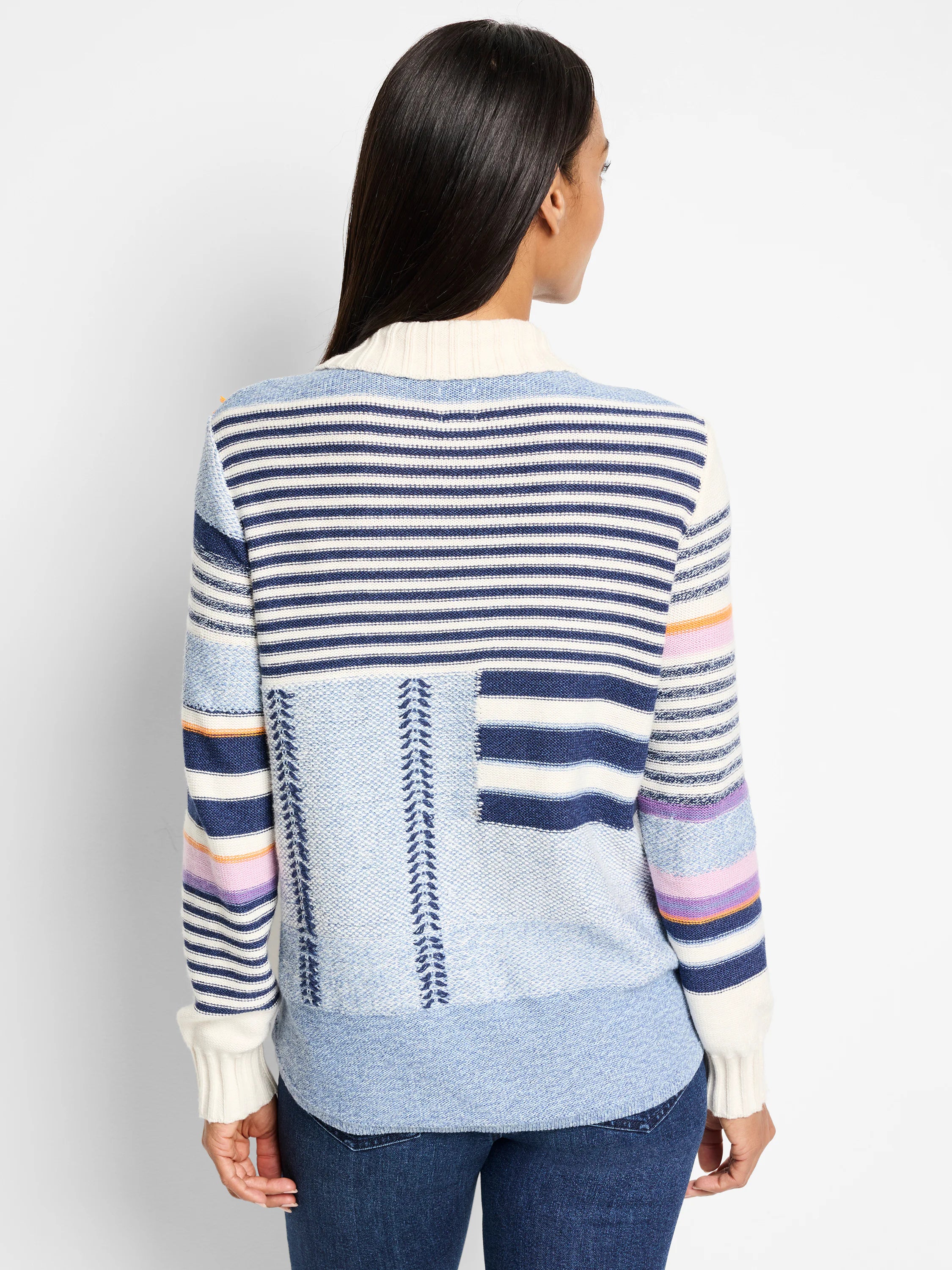 Blue, white, and navy striped sweater jacket with  pastel stripes on sleeves and textured detailing.  Off-white collar.