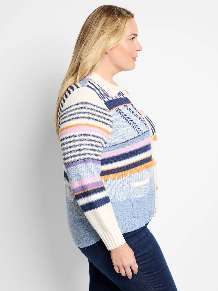 Cream, blue, and purple striped cardigan. Features embroidered details and fringe trim. Button front.