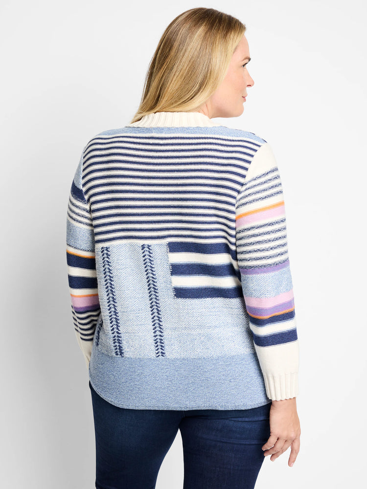 Cream, blue, and navy striped sweater jacket with textured patches. Includes hints of purple and orange in stripes on...