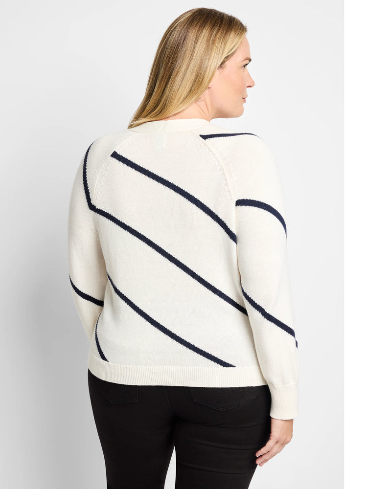 Off-white cardigan with diagonal navy stripes. Long sleeves, ribbed cuffs and hem.