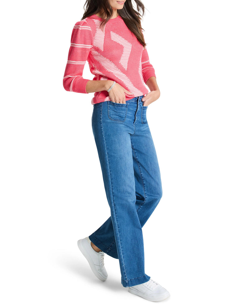 Pink sweater with white stripes and geometric pattern; three-quarter sleeves.