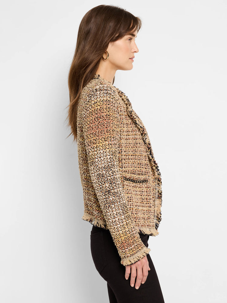 Tweed-style knit jacket in beige, black, yellow, and peach, with chain trim and fringe.