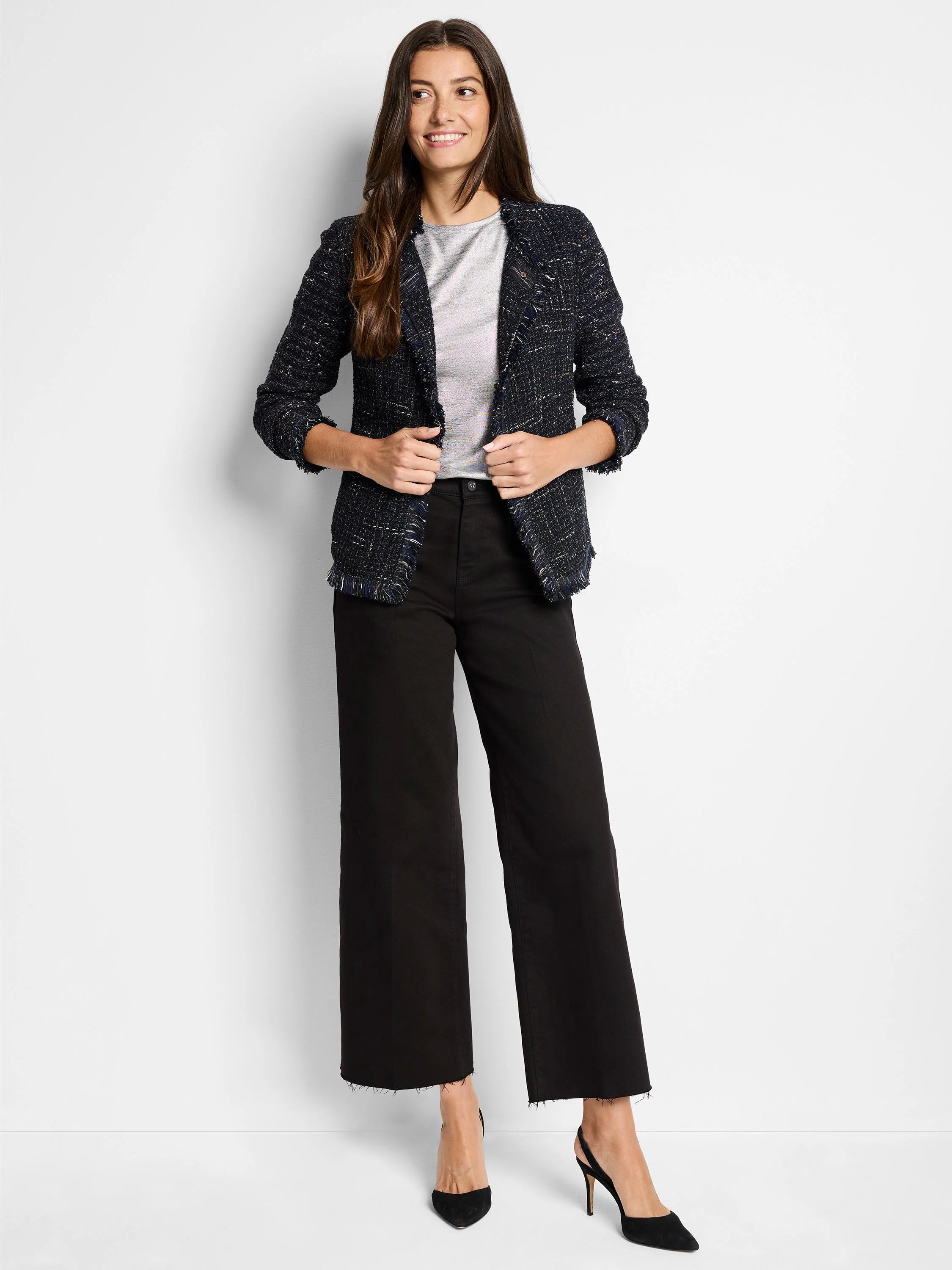 Navy blue tweed jacket with frayed edges. Features flecks of white and light blue.