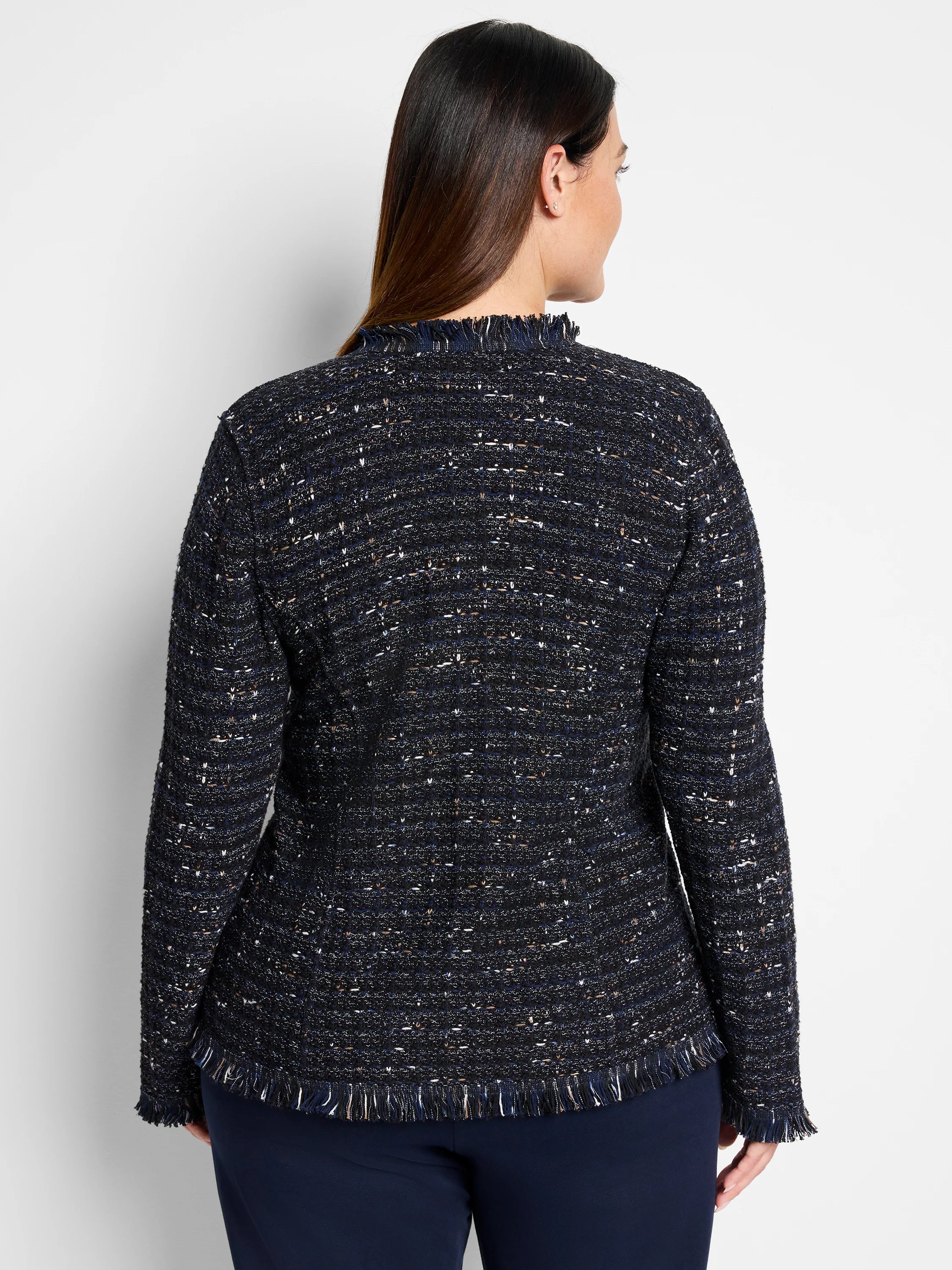 Here's alt text for the image, suitable for visually impaired users:
"Black tweed jacket with navy, beige, and silver...