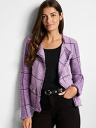 Lavender plaid knit jacket with black lines, fringed lapels, cuffs, and hem.