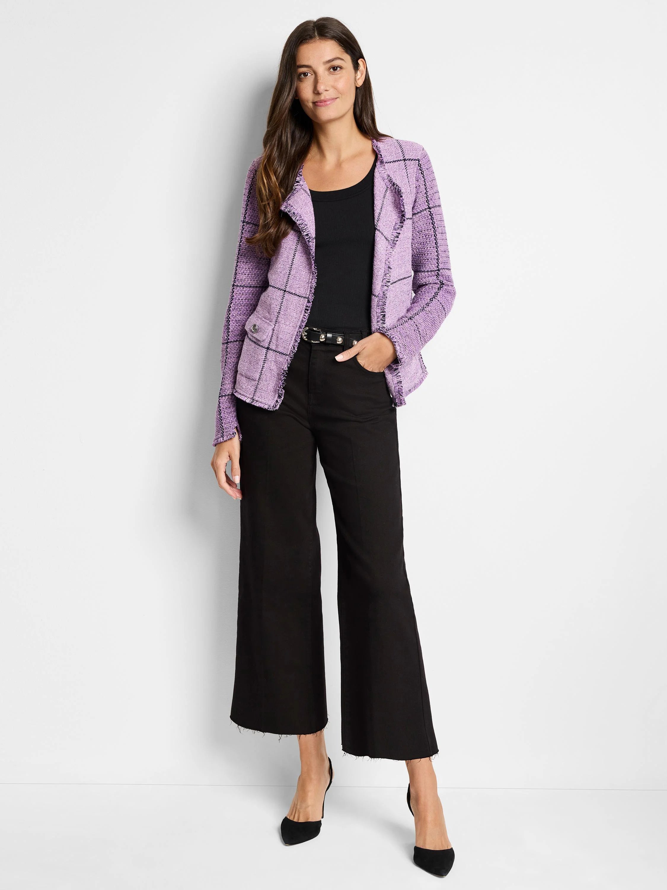 Femme Plaid Fringe Mix Knit Jacket in Mpl