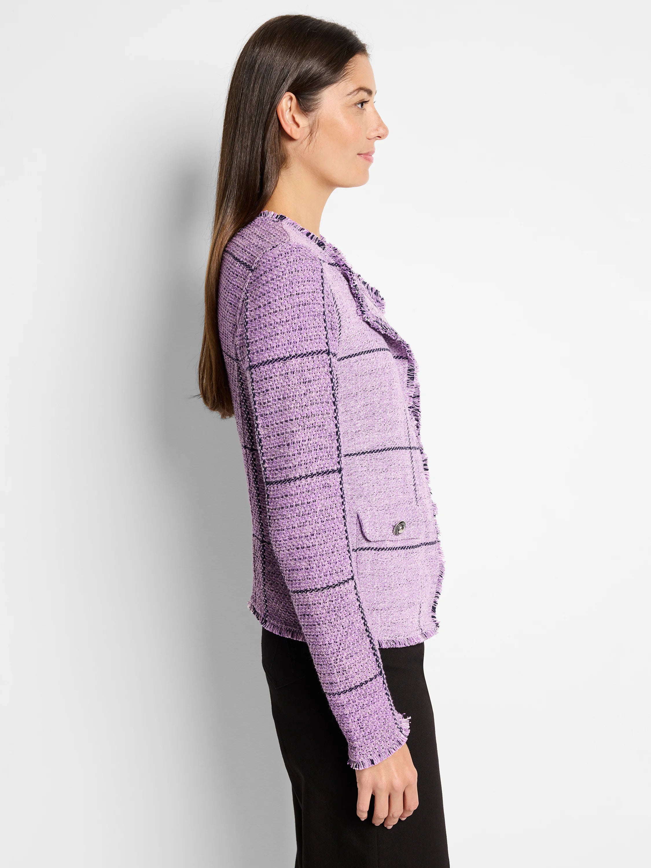 Lavender knit jacket with black plaid pattern, fringe trim on edges, and a buttoned flap pocket.