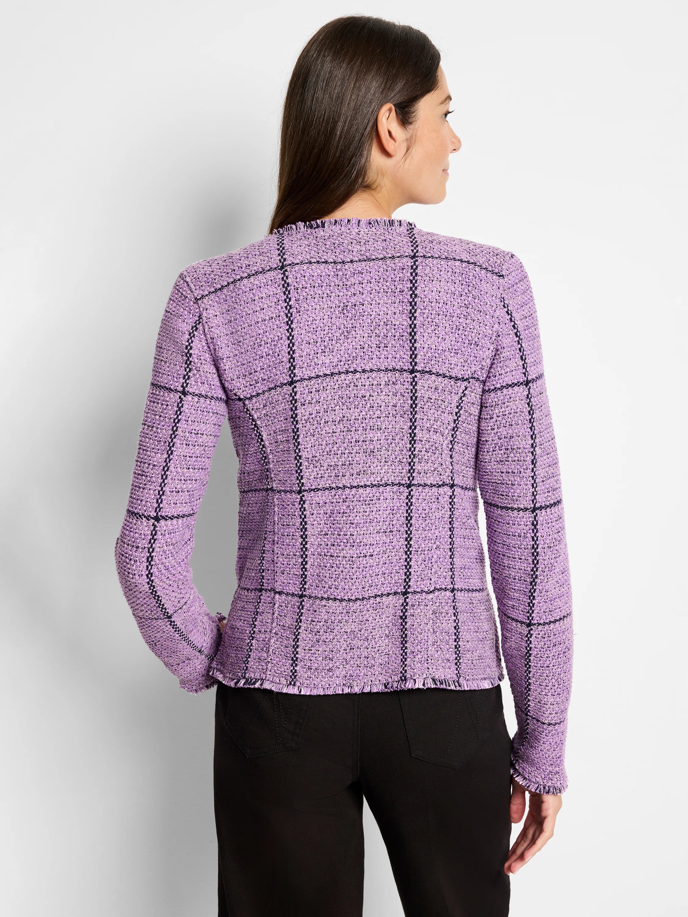 Lavender knit jacket with black plaid pattern, fringe trim at hem and cuffs.
