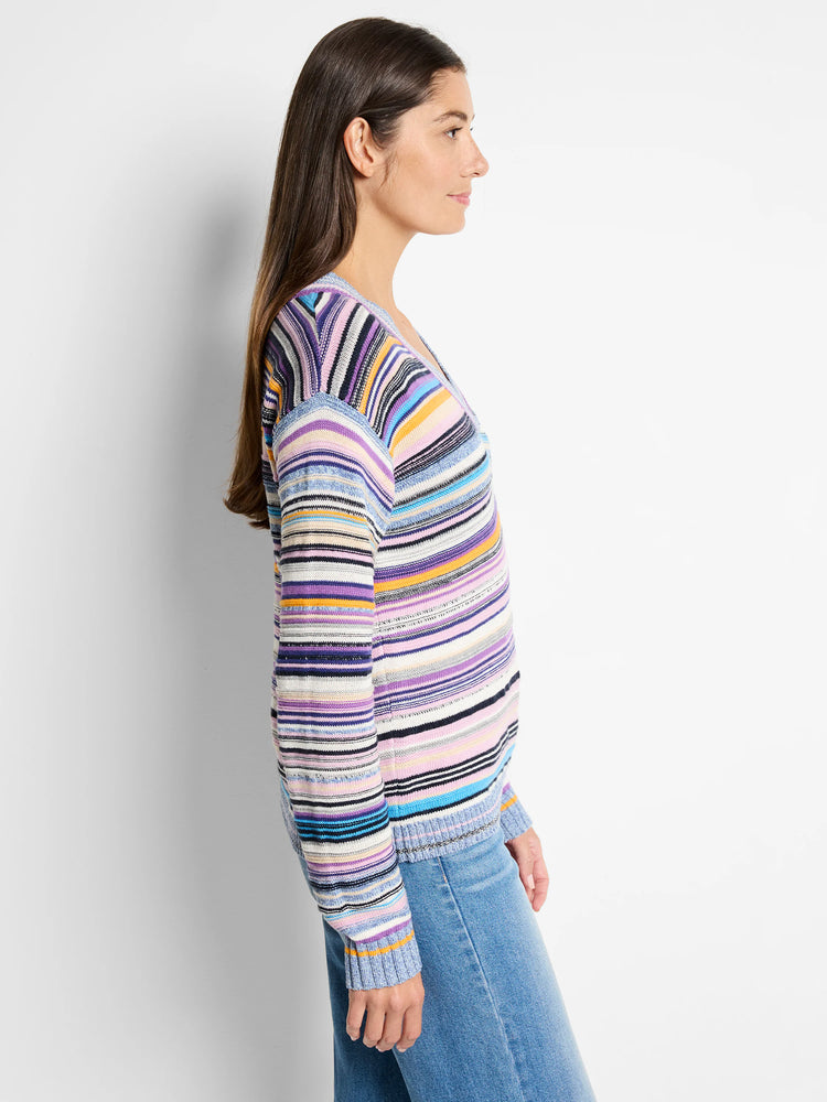 Multicolored horizontal striped sweater. Predominantly purple, blue, and pink stripes with hints of orange and gray. V-neck.