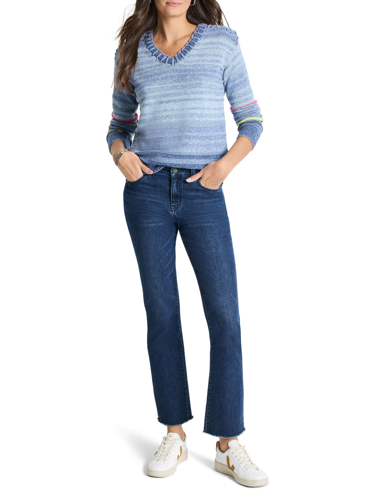 Light blue V-neck sweater with subtle horizontal stripes and thin multicolor stripes on sleeves.