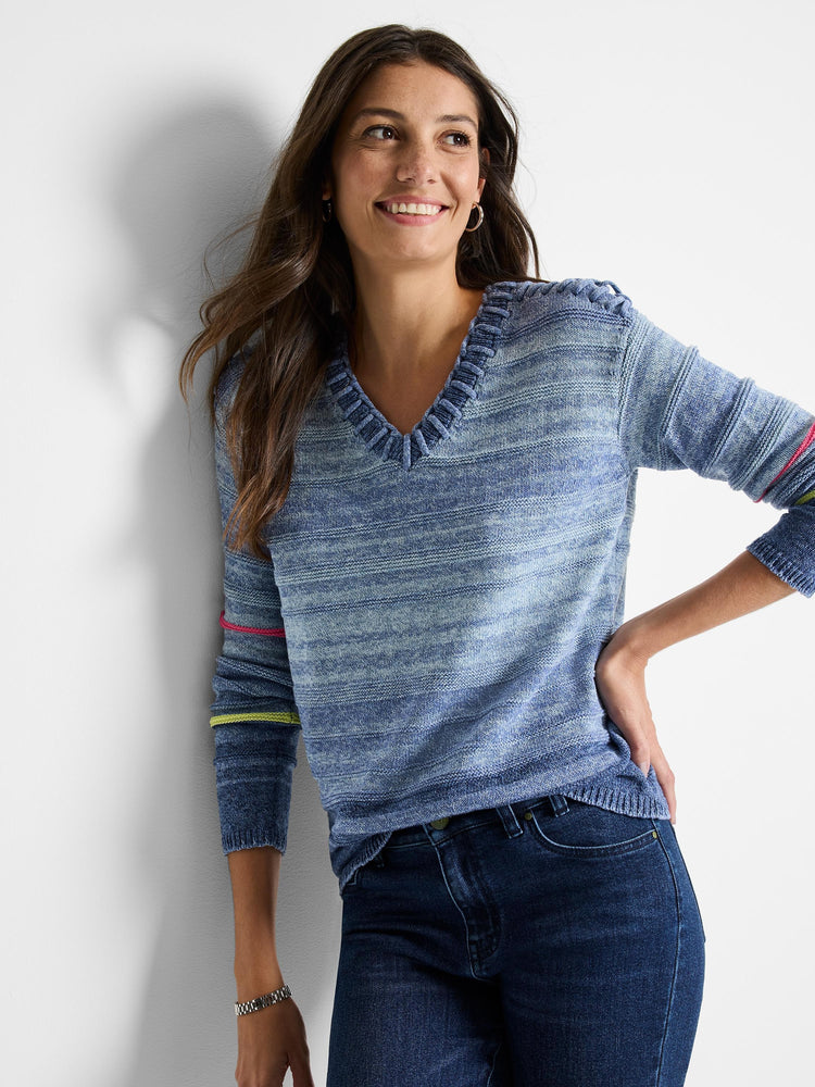 Blue striped V-neck sweater with pink and lime green stripes on sleeves. Knit fabric.