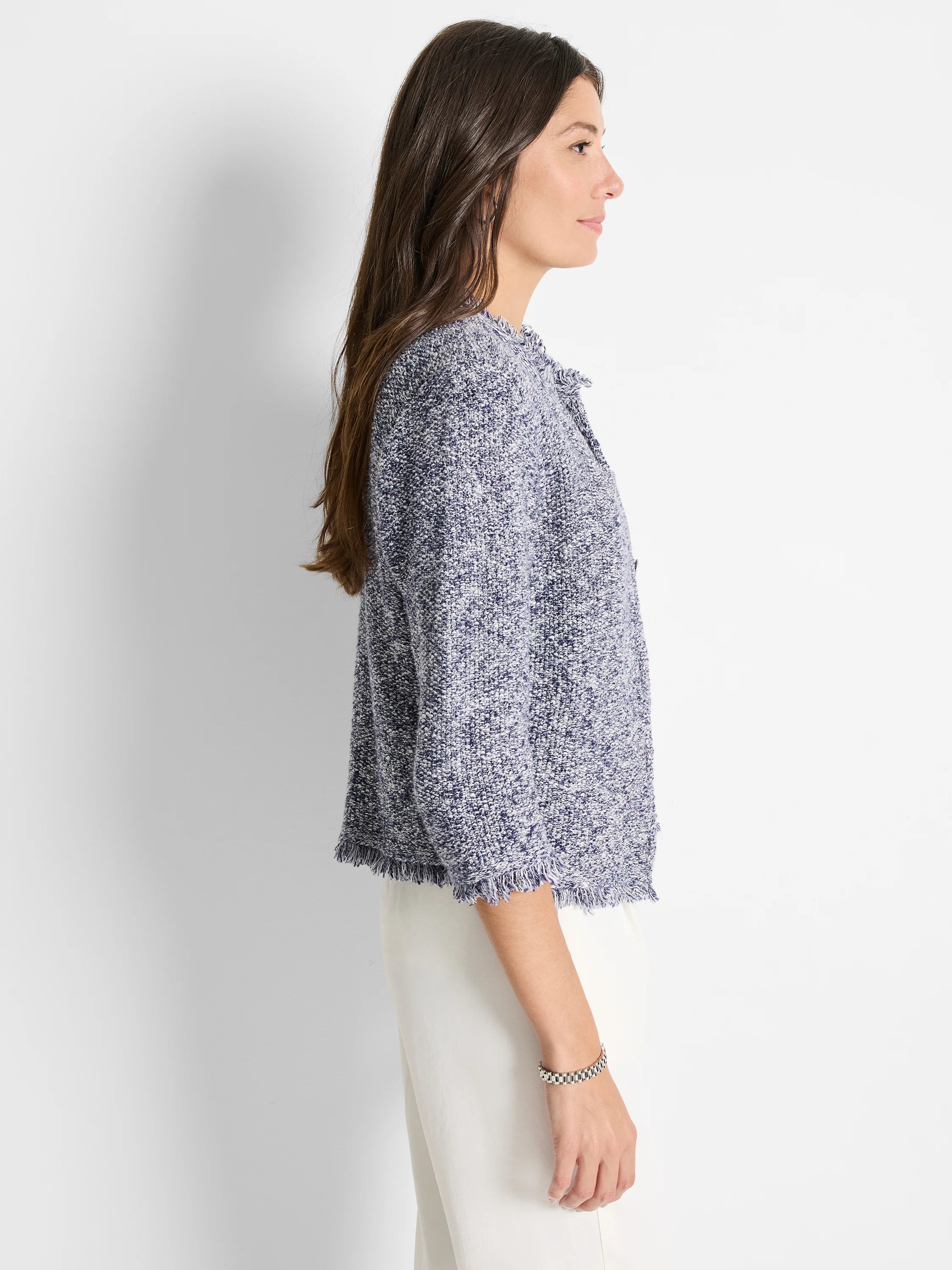 Blue and white tweed jacket. Three-quarter sleeves, fringed hem.