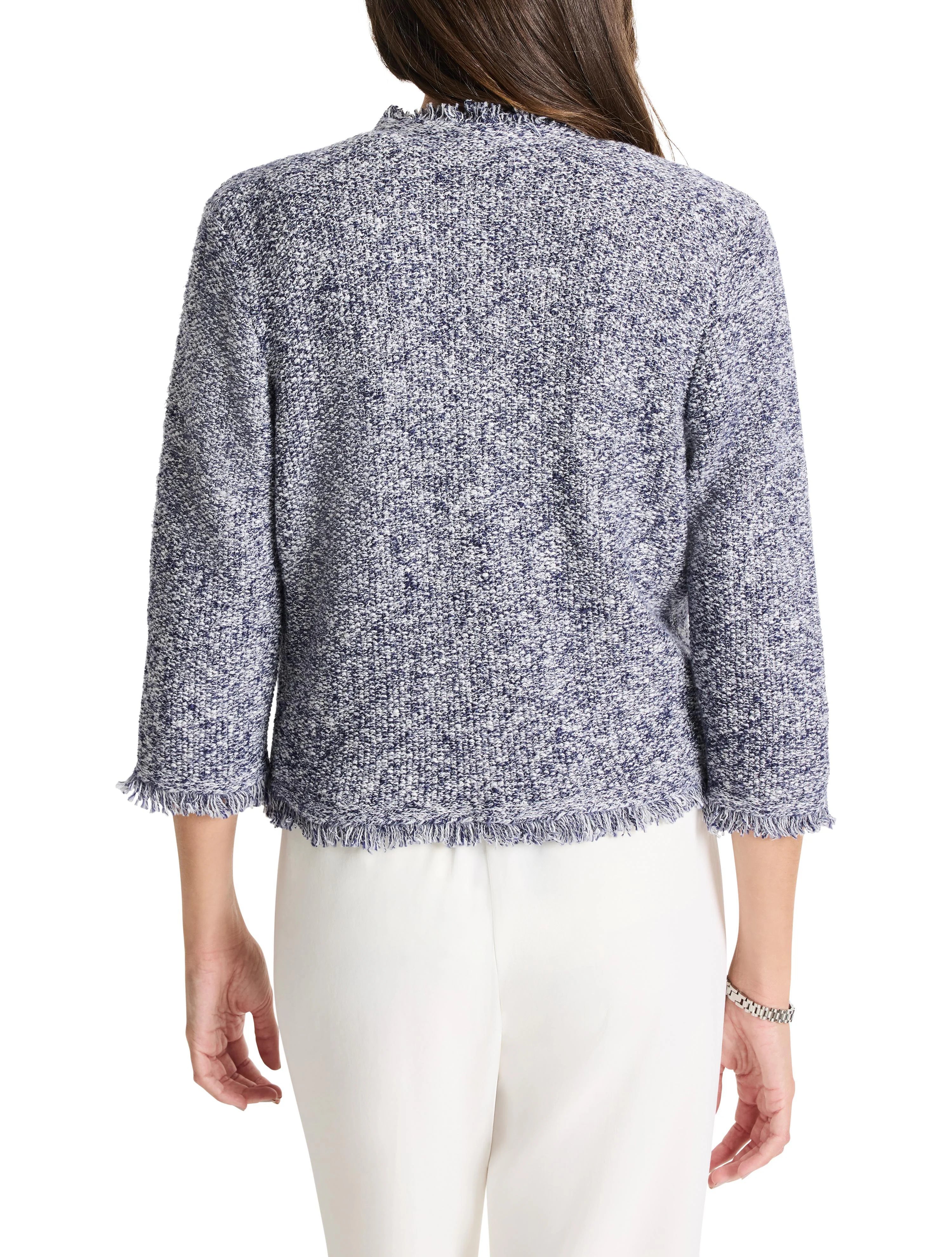 Blue and white tweed knit jacket. Three-quarter sleeves, fringed hem and neckline.