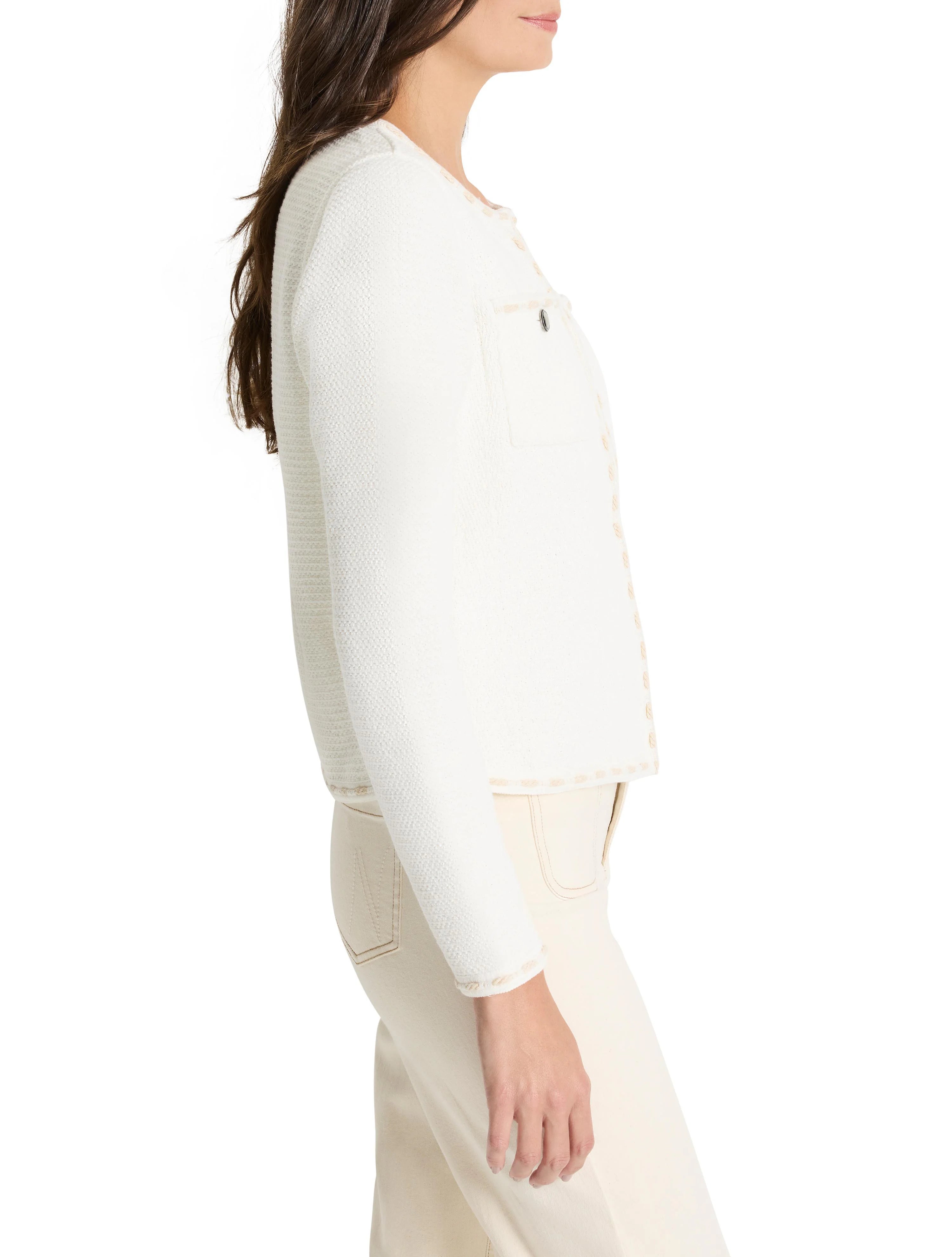 Off-white knit jacket with beige stitching detail, long sleeves, and button front.