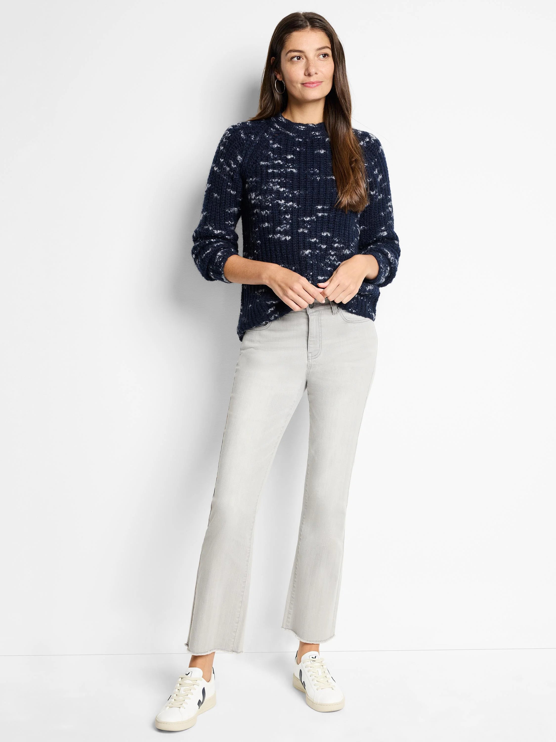 Navy blue sweater with flecks of white and gray. Long sleeves, crew neck.