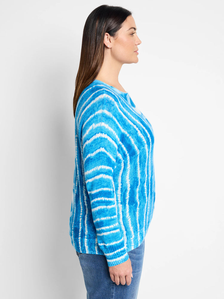 Blue and white tie-dye striped sweater. Long sleeves, relaxed fit.