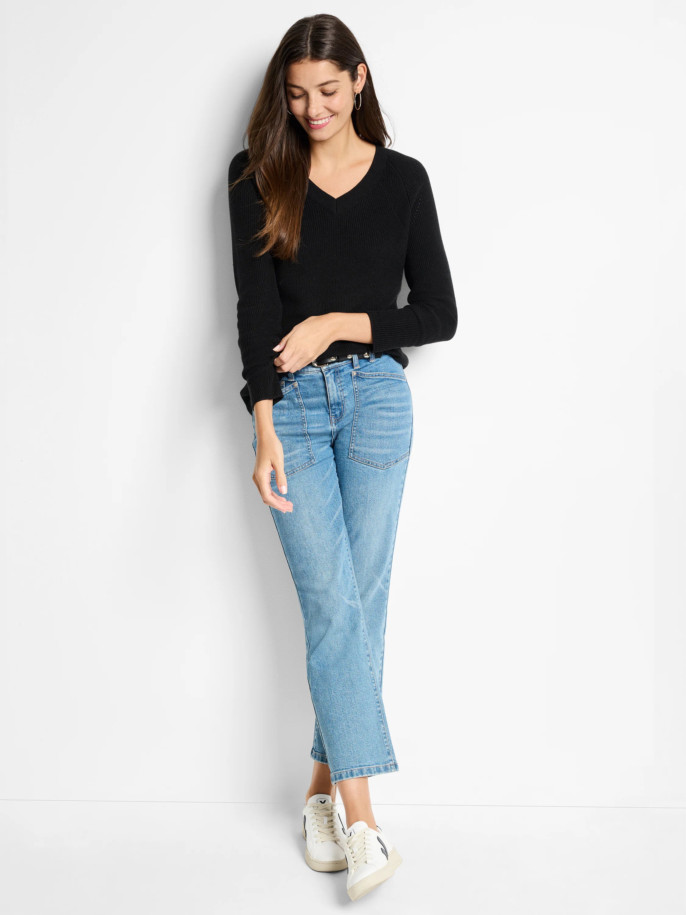 Black, V-neck, long-sleeve cashmere blend sweater.