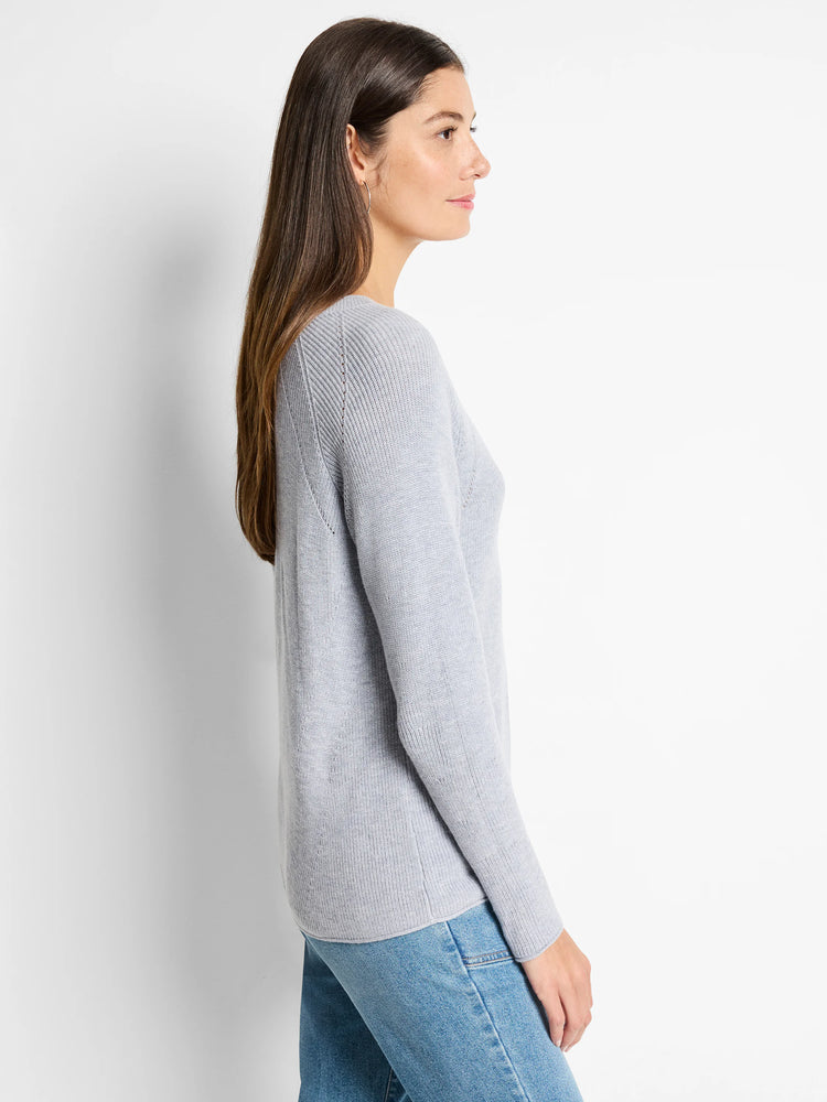 Light gray, v-neck, long-sleeved cashmere blend sweater. Ribbed texture.