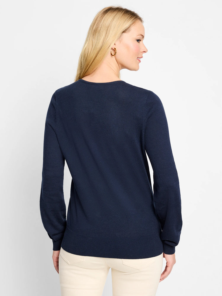 Navy blue, long-sleeved knit sweater. Set-in sleeves, straight hem.