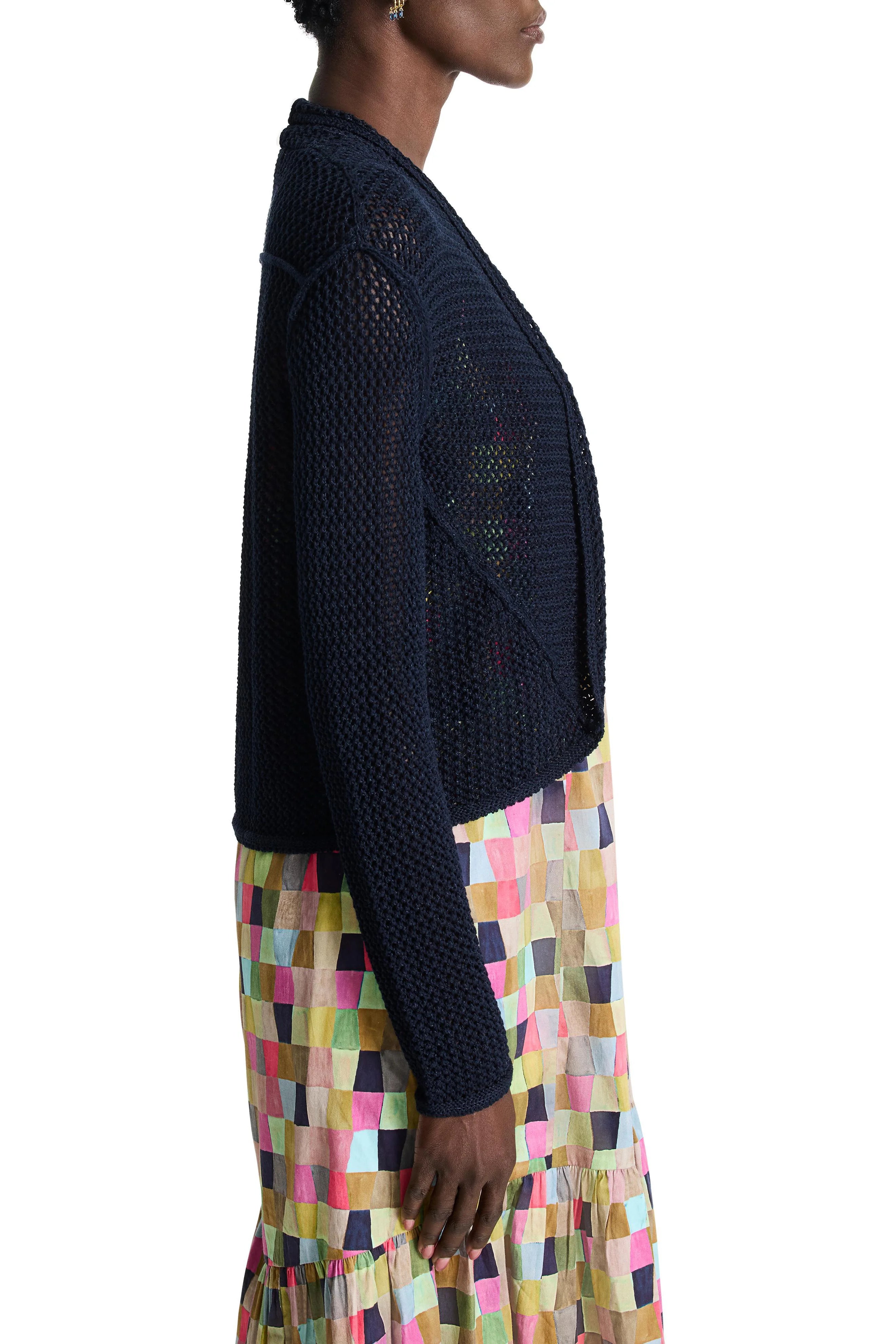 Dark navy blue mesh cardigan, open front, long sleeves. The mesh pattern is visible.