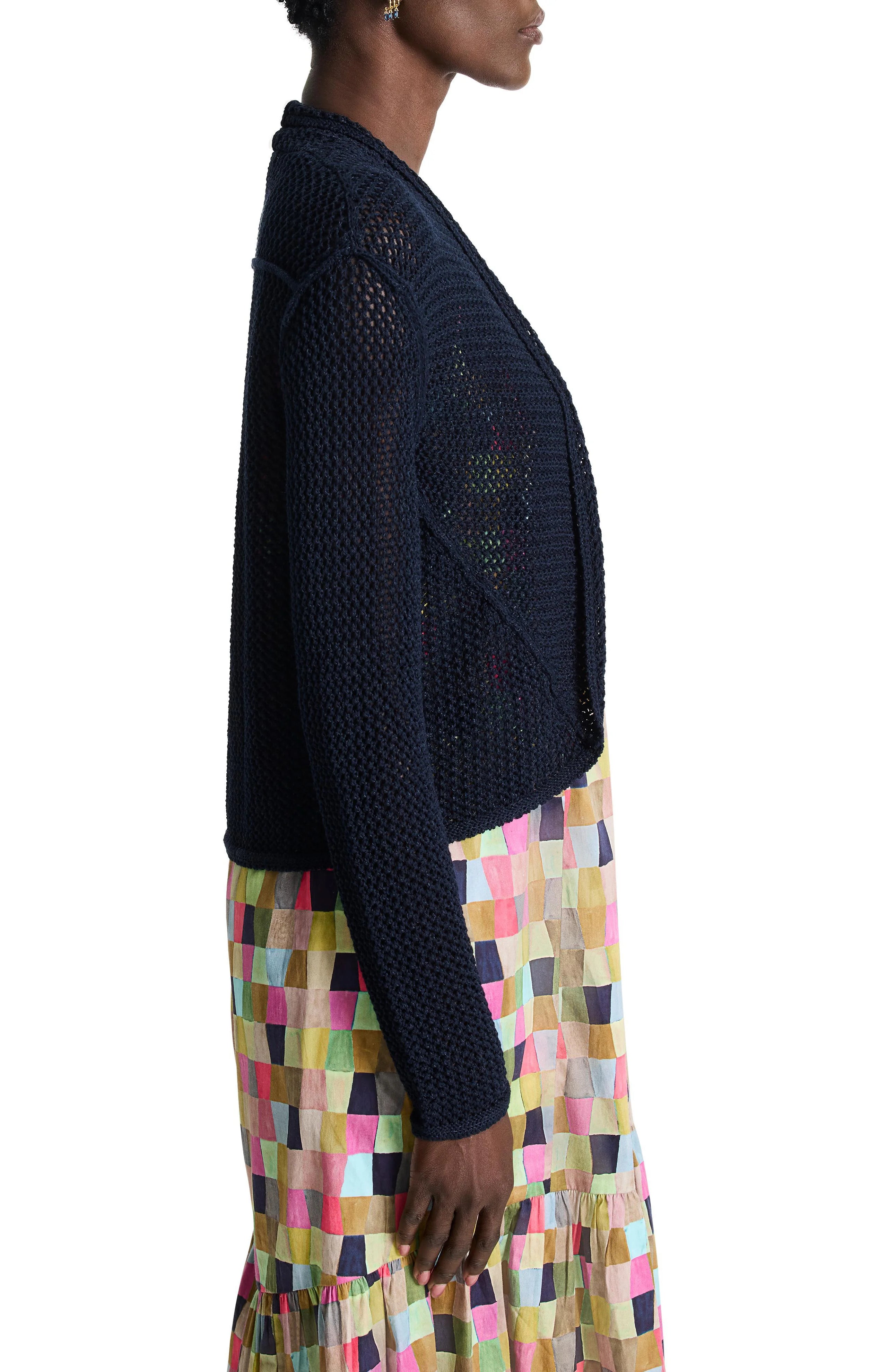 Dark navy blue mesh cardigan, open front, long sleeves. The mesh pattern is visible.