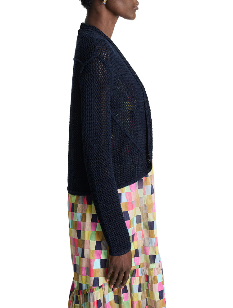 Dark navy blue mesh cardigan, open front, long sleeves. The mesh pattern is visible.