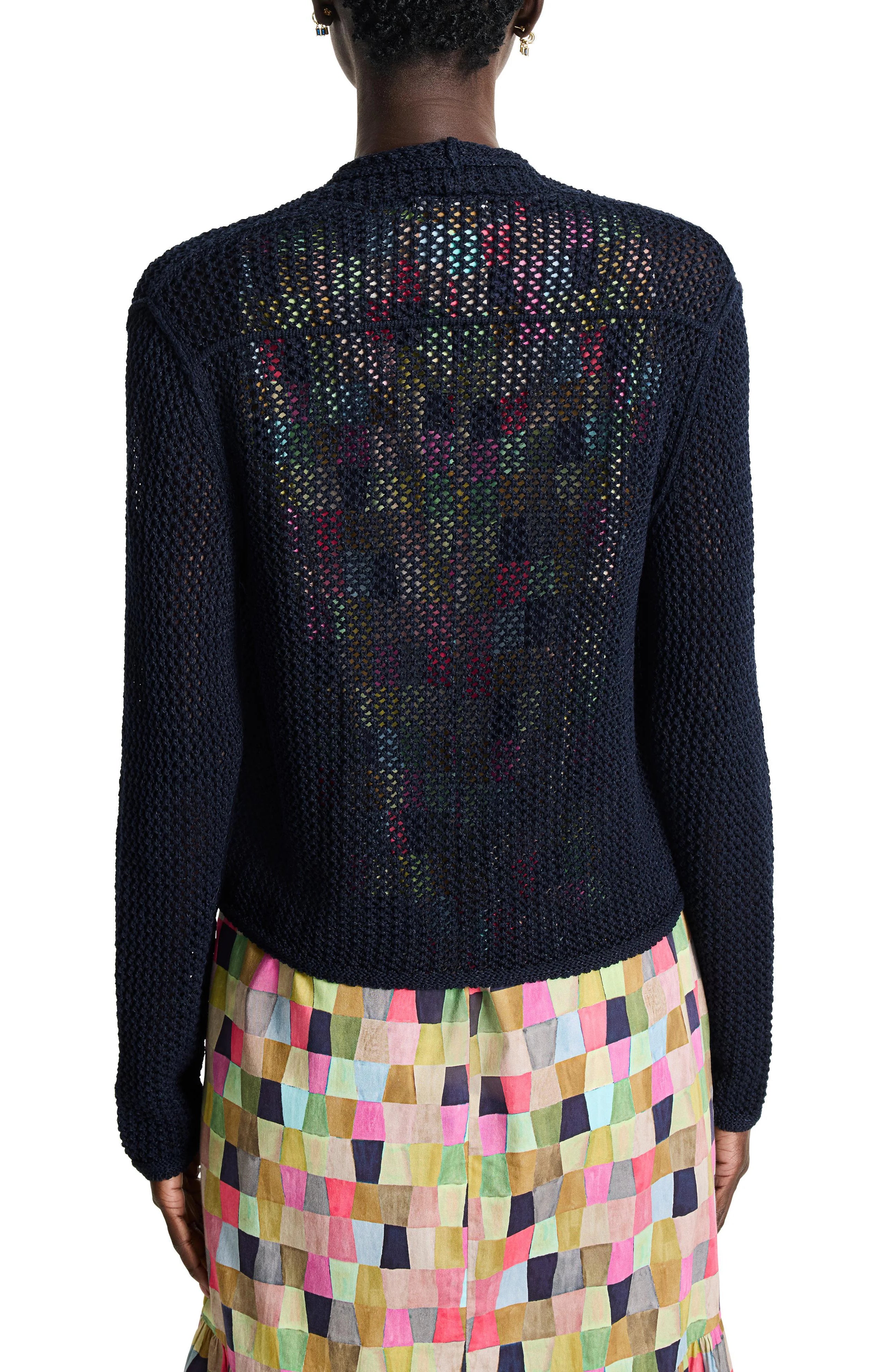 Dark navy blue mesh cardigan, open back revealing multicolored pattern. Long sleeves.